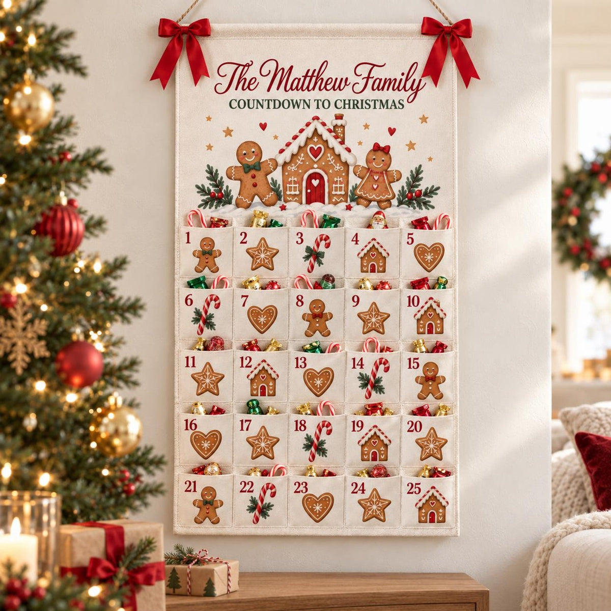 Personalized Gingerbread Advent Calendar, 25-Pocket Christmas Countdown, Custom Family Name Canvas Wall Hanging, Reusable Holiday Home Decor