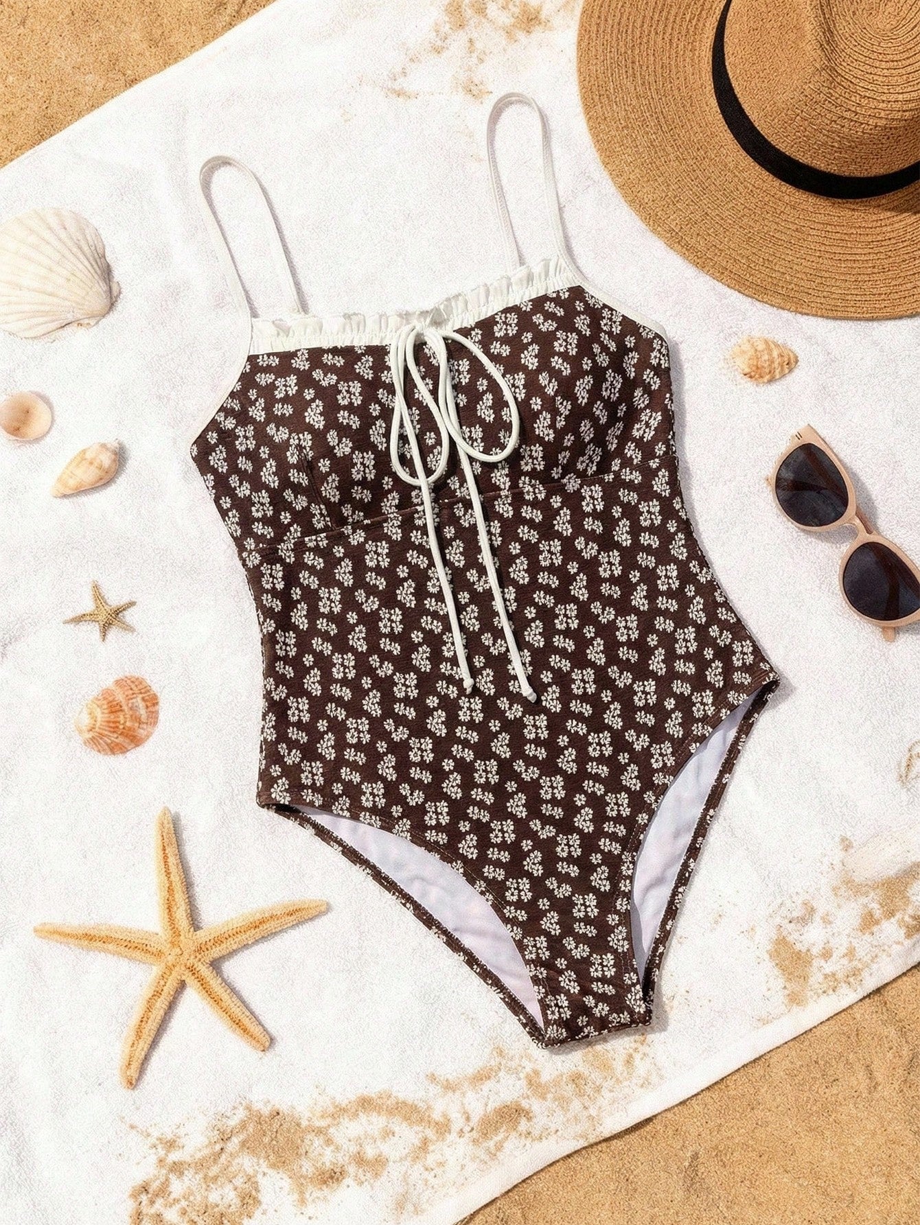 3D Mini Floral Pleated One-Piece Swimsuit