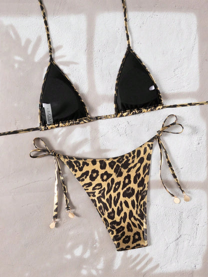 Gold Foil Leopard Tie-Front Bikini 2-Piece Set