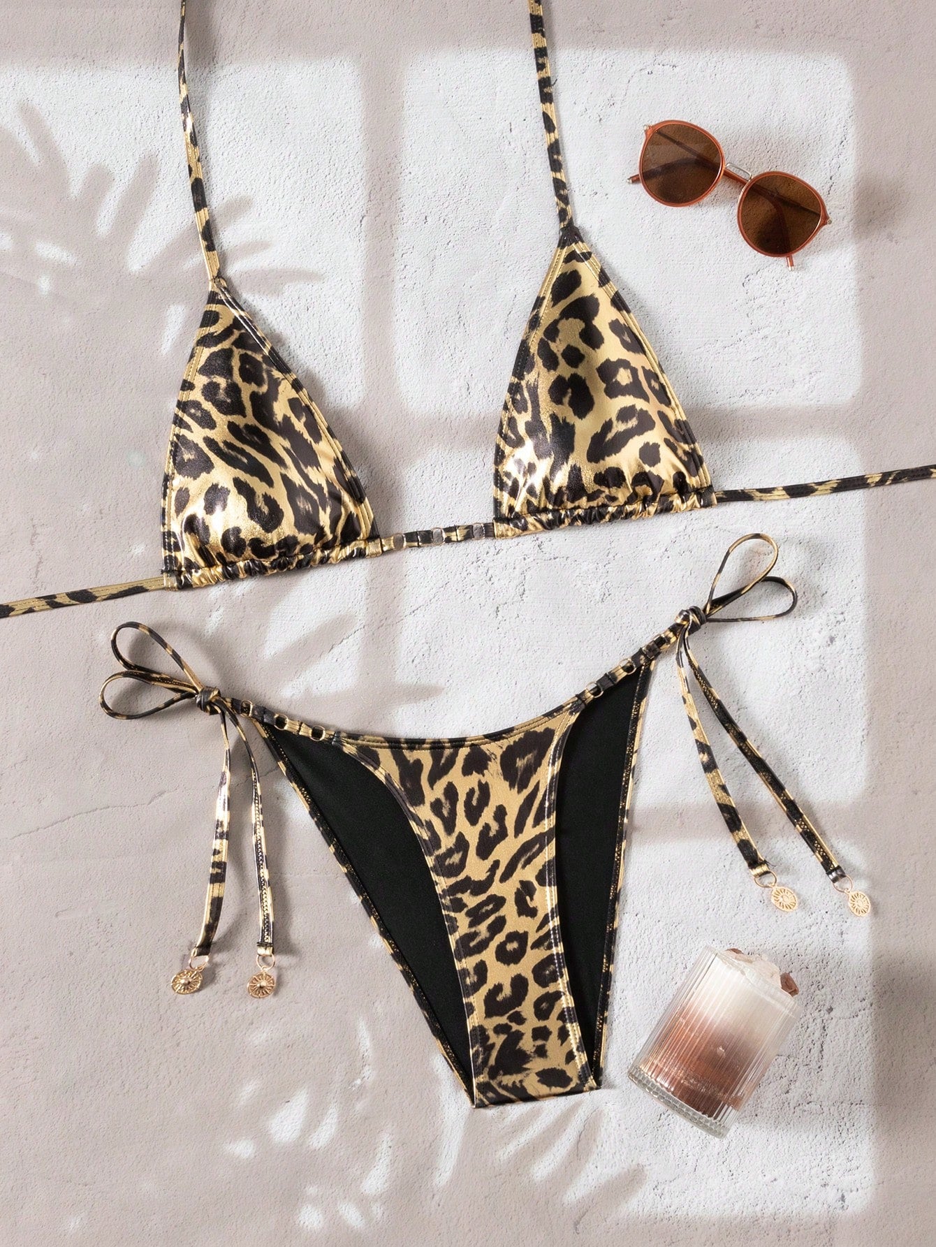 Gold Foil Leopard Tie-Front Bikini 2-Piece Set