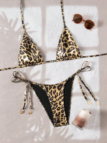 Gold Foil Leopard Tie-Front Bikini 2-Piece Set