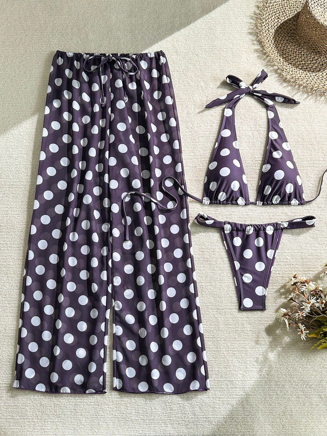 3-Piece Polka Dot Drawstring Backless Bikini Set