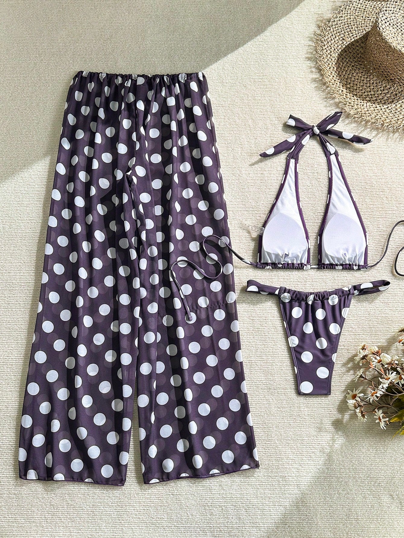 3-Piece Polka Dot Drawstring Backless Bikini Set