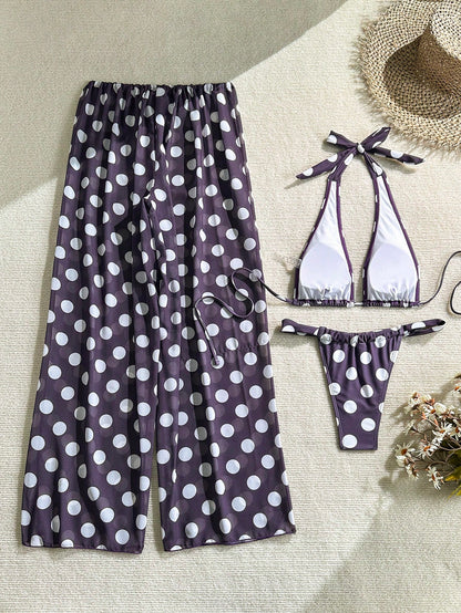 3-Piece Polka Dot Drawstring Backless Bikini Set