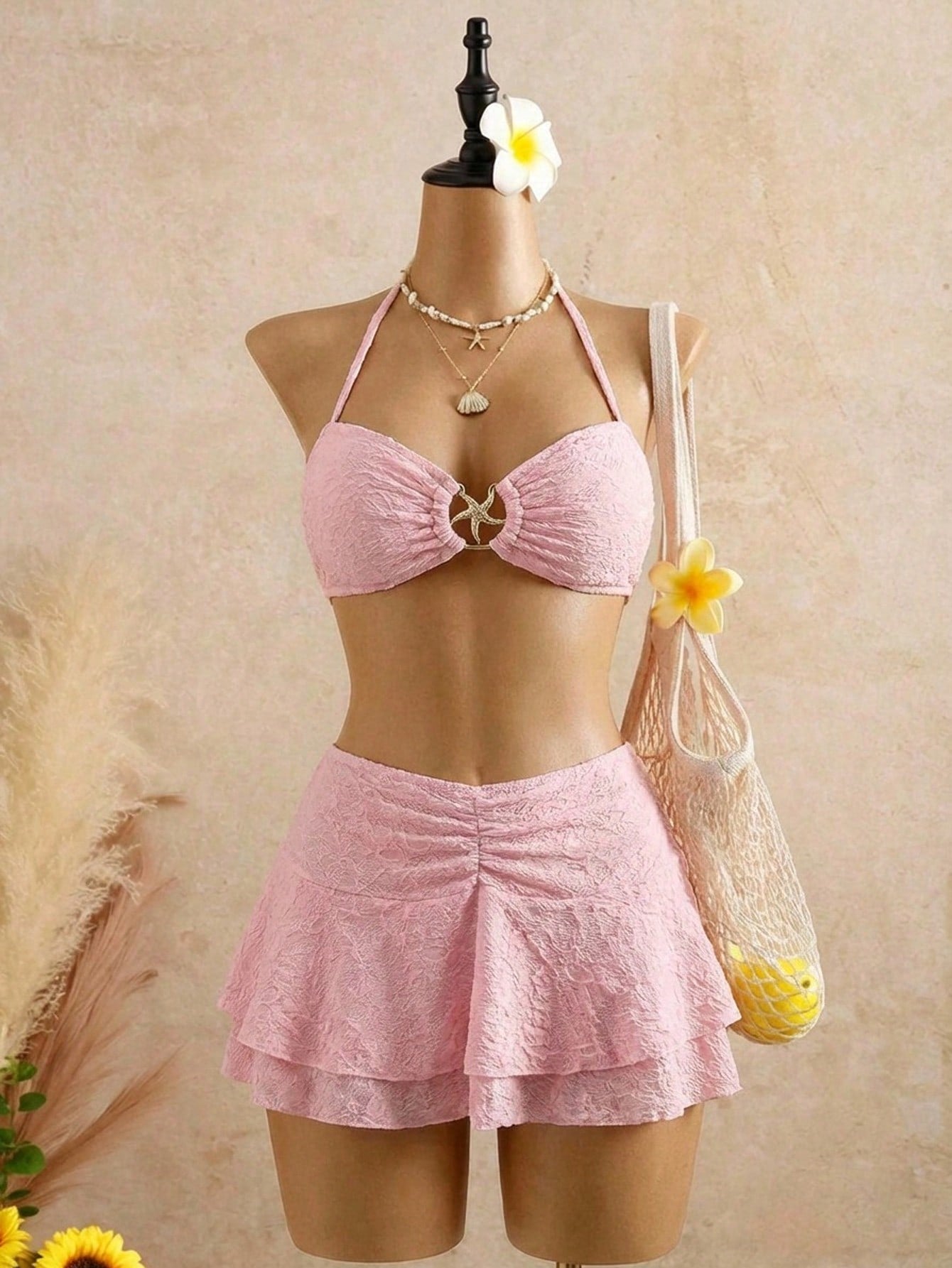 Textured Starfish Decor 3pcs Pink Skirt Bikini Set
