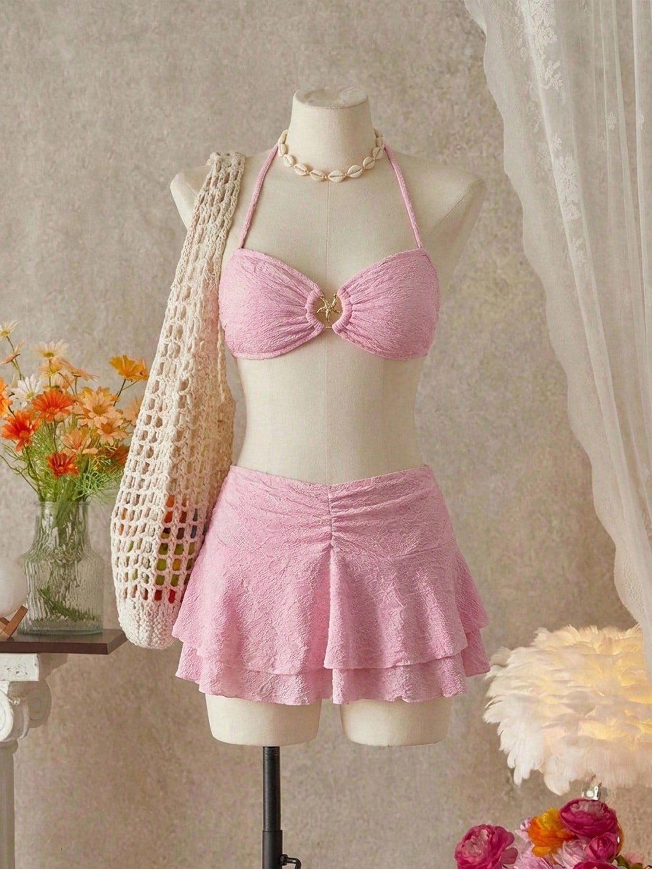 Textured Starfish Decor 3pcs Pink Skirt Bikini Set