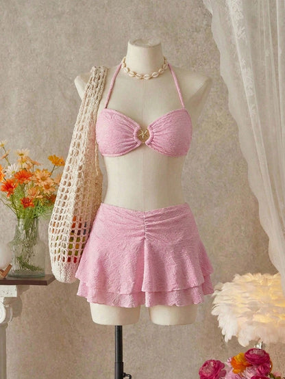 Textured Starfish Decor 3pcs Pink Skirt Bikini Set