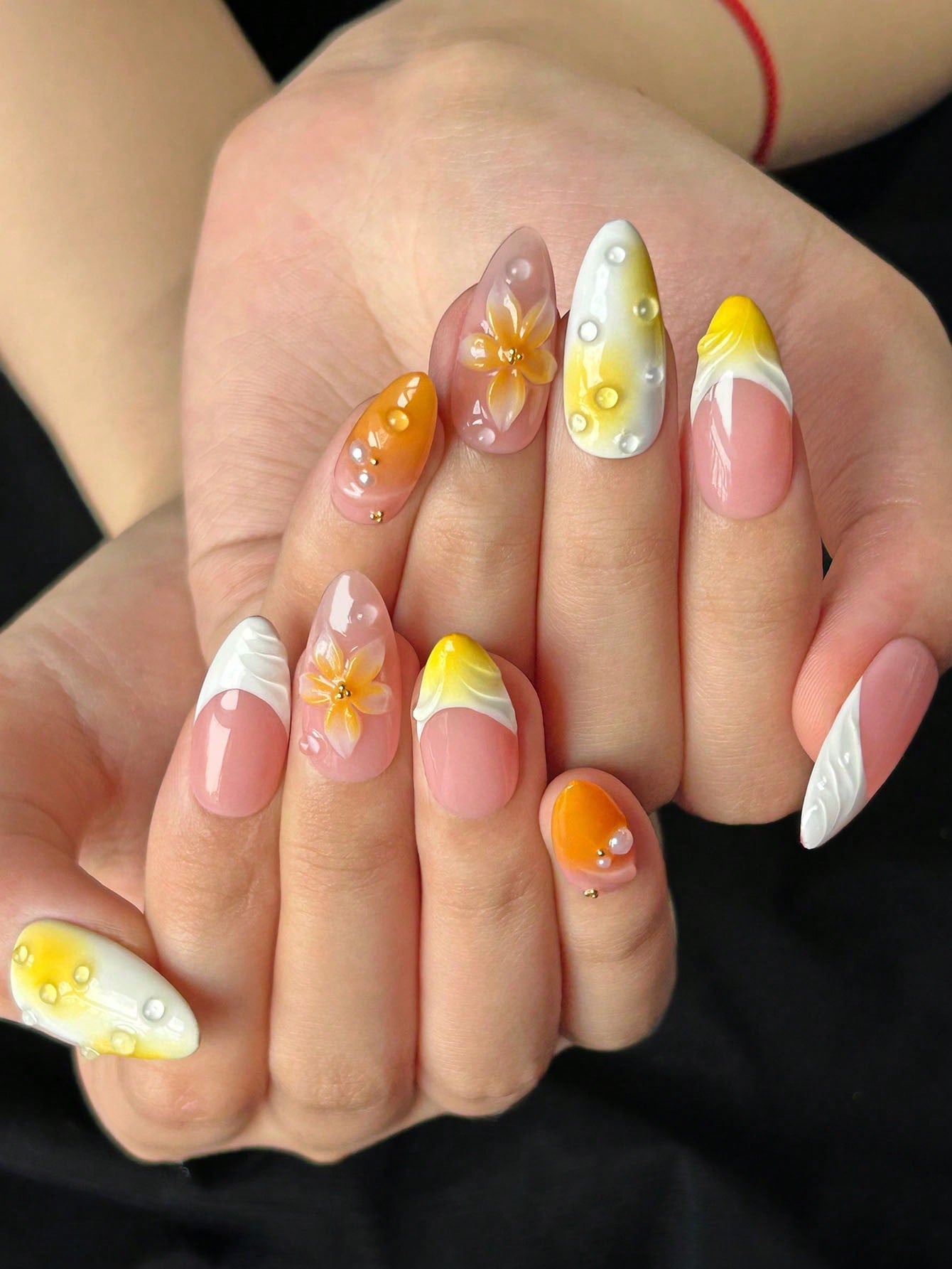 Orange Ombre Almond 3D Water Drop Press-On Nails