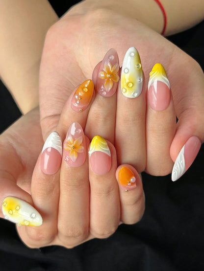 Orange Ombre Almond 3D Water Drop Press-On Nails