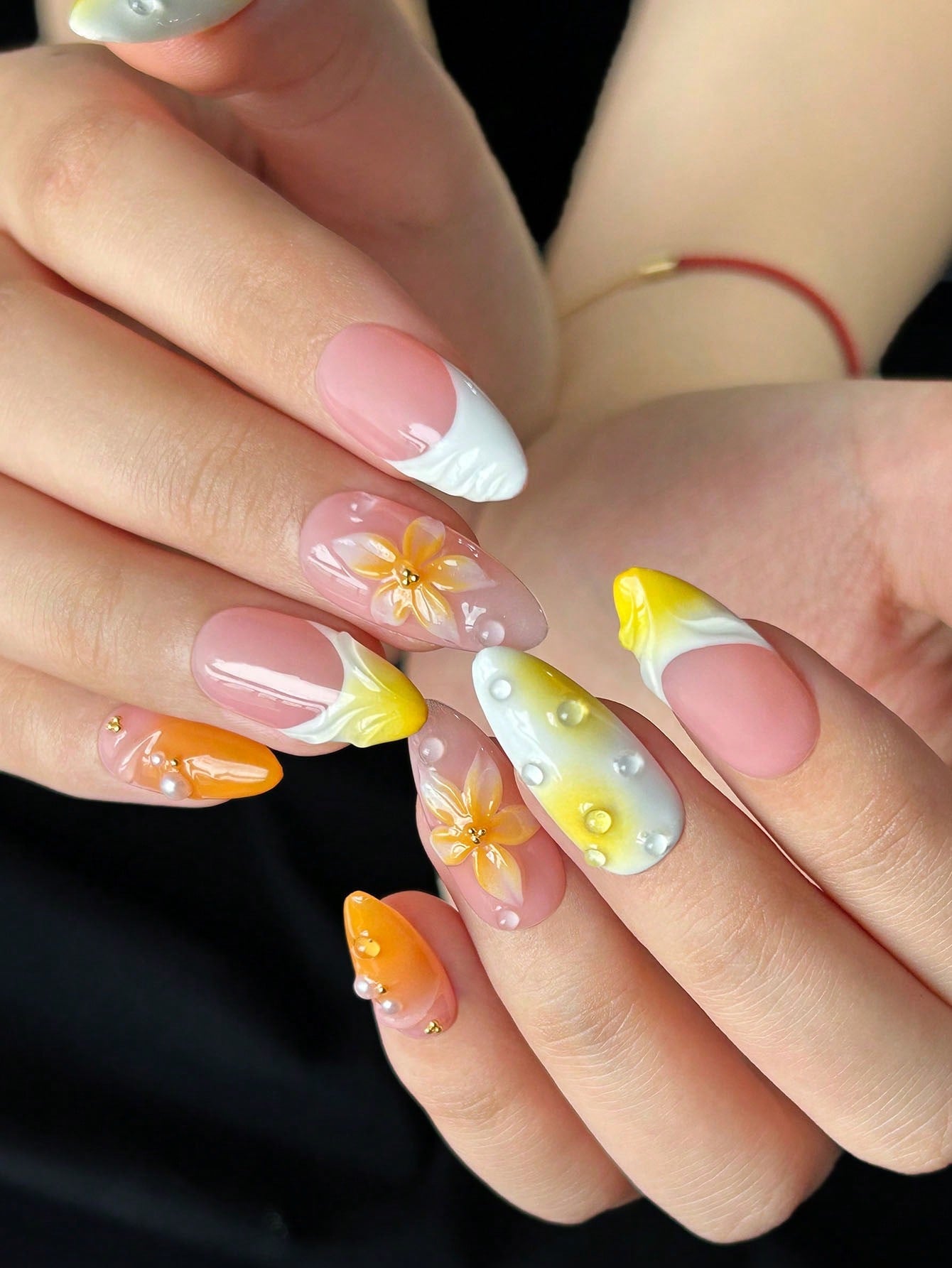 Orange Ombre Almond 3D Water Drop Press-On Nails