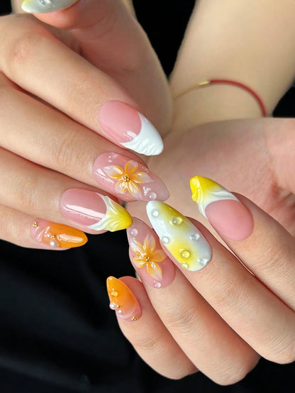 Orange Ombre Almond 3D Water Drop Press-On Nails