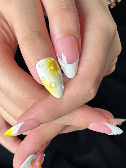 Orange Ombre Almond 3D Water Drop Press-On Nails