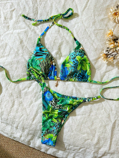 Random Print Halter Metal Decor Bikini Set