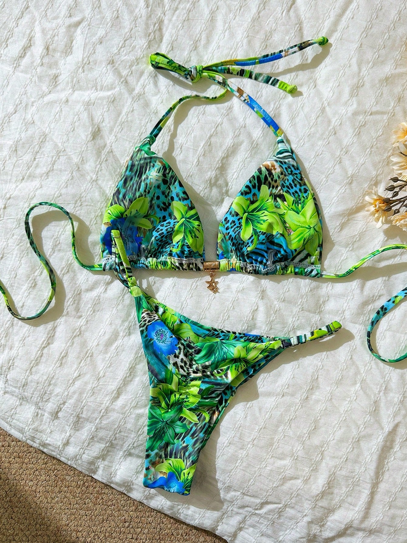 Random Print Halter Metal Decor Bikini Set