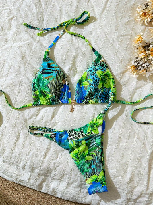 Random Print Halter Metal Decor Bikini Set