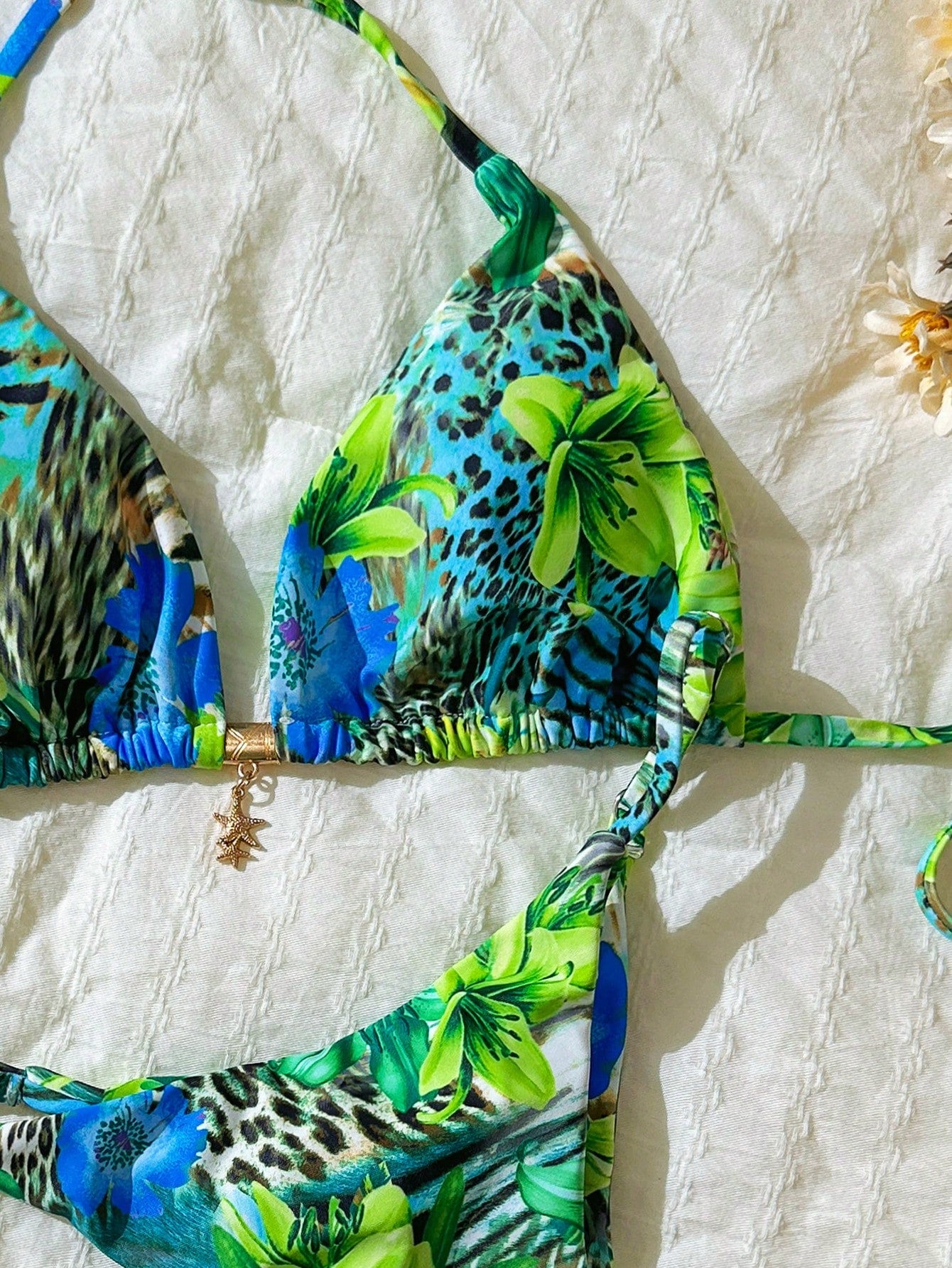 Random Print Halter Metal Decor Bikini Set
