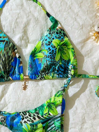 Random Print Halter Metal Decor Bikini Set