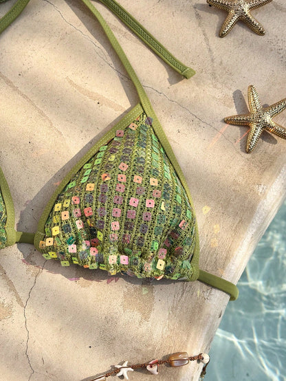 Green Sequin Rhinestone Beaded Sexy Bikini Set