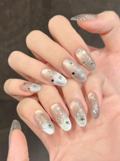 Celestial Blue Cat Eye Falling Star Press-On Nails
