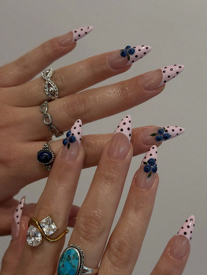 3D Blueberry Almond Press-On Nails with Polka Dots