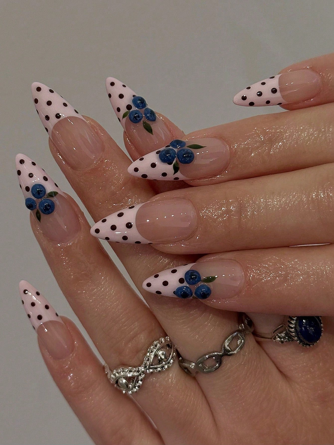 3D Blueberry Almond Press-On Nails with Polka Dots
