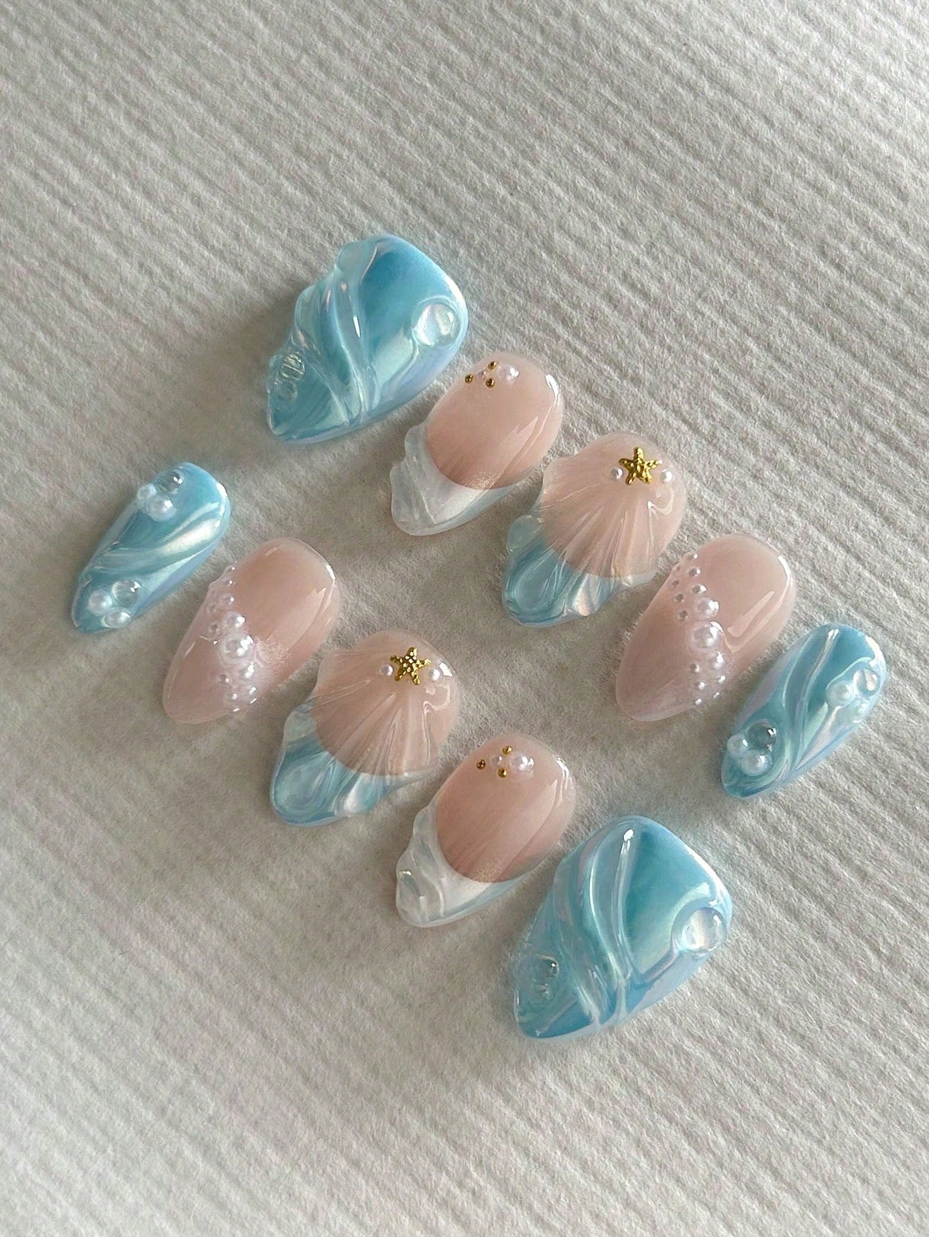 3D Blue Aurora Shell Short Almond Press-On Nails
