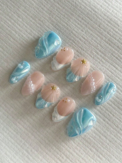 3D Blue Aurora Shell Short Almond Press-On Nails