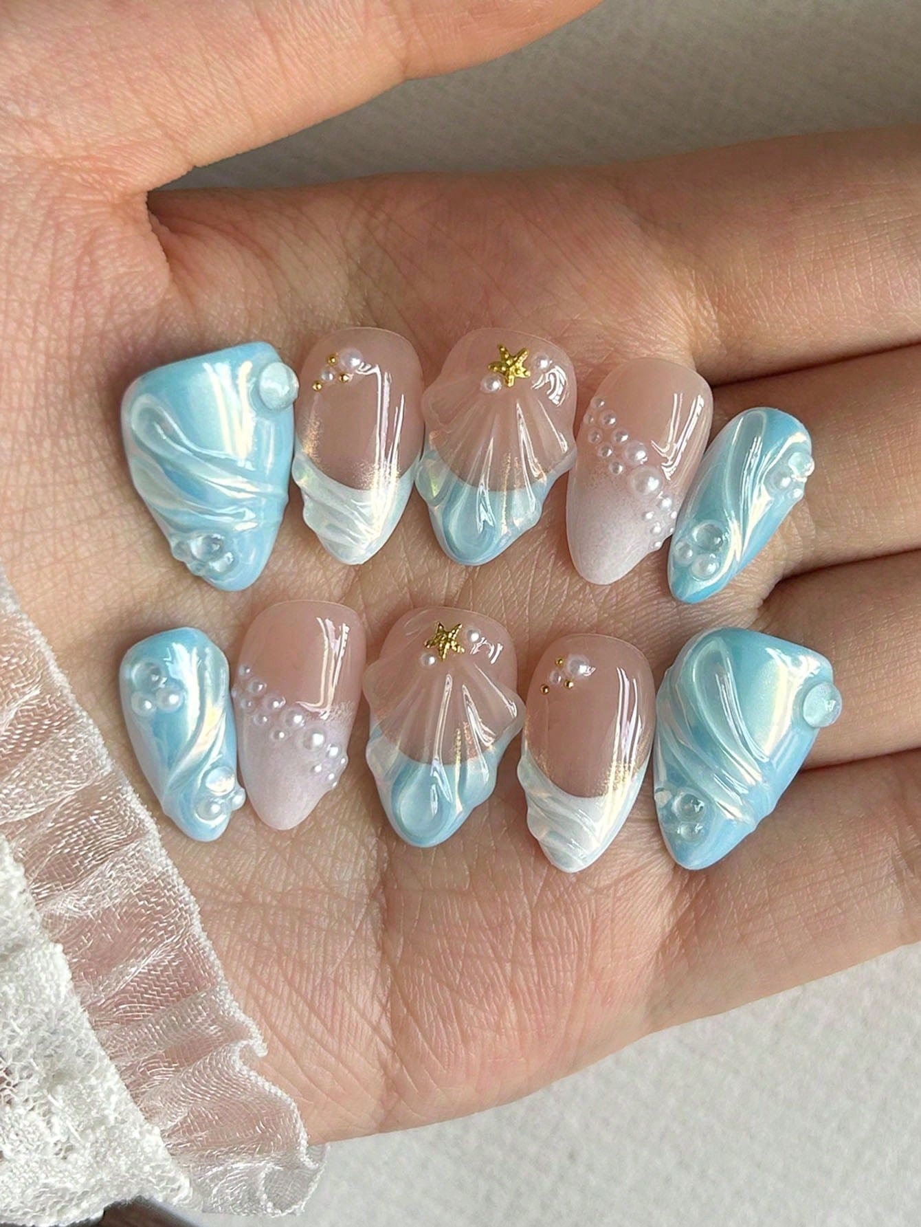 3D Blue Aurora Shell Short Almond Press-On Nails