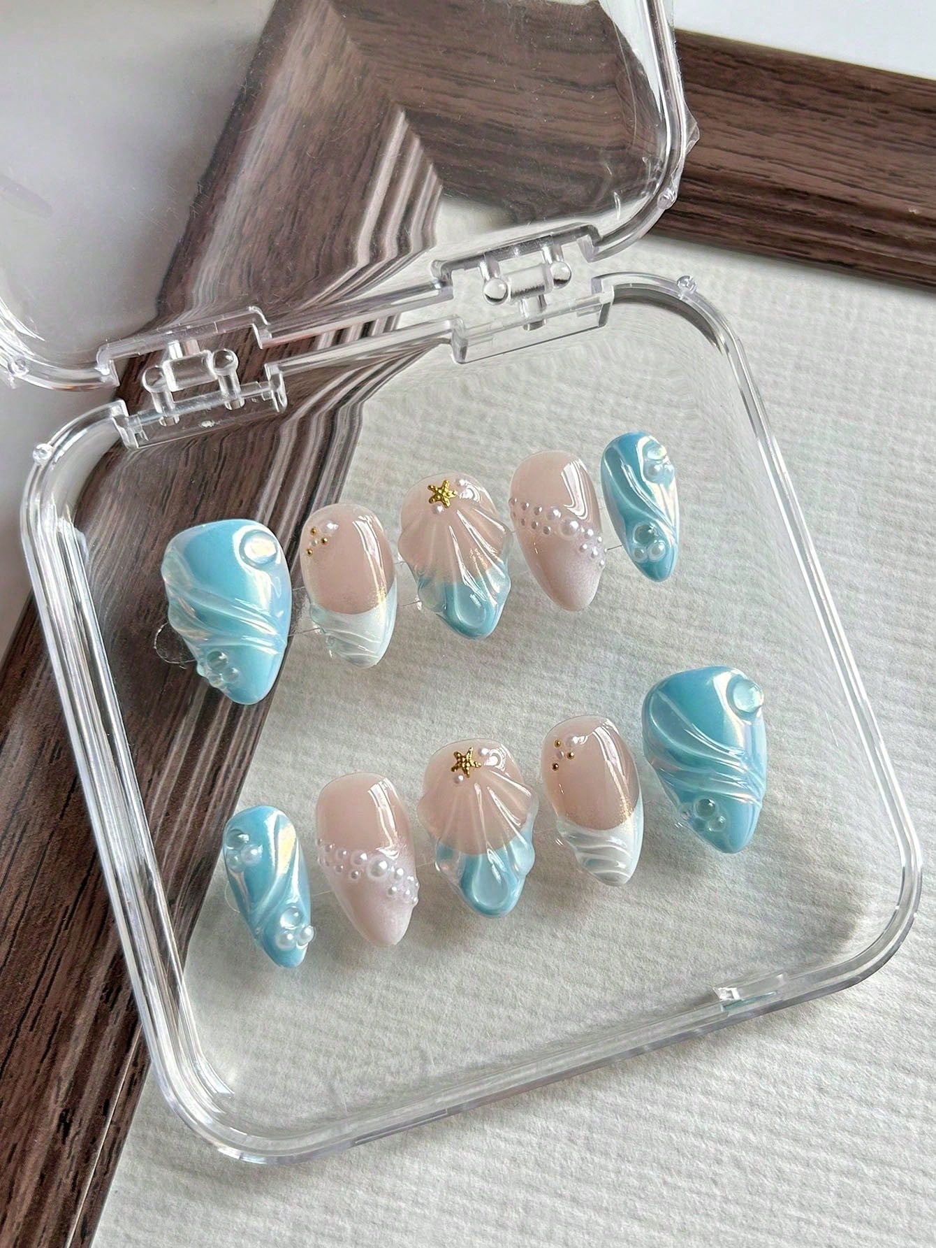 3D Blue Aurora Shell Short Almond Press-On Nails