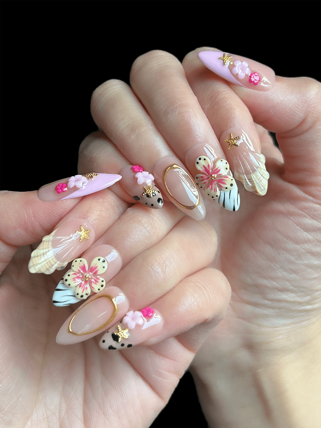 Pink Y2K Leopard & 3D Floral Almond Press-On Nails