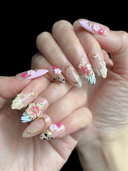 Pink Y2K Leopard & 3D Floral Almond Press-On Nails