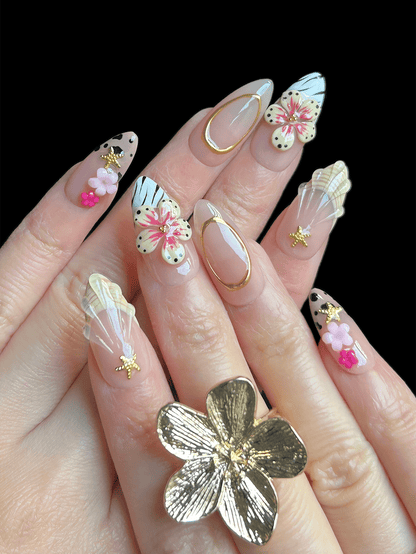 Pink Y2K Leopard & 3D Floral Almond Press-On Nails