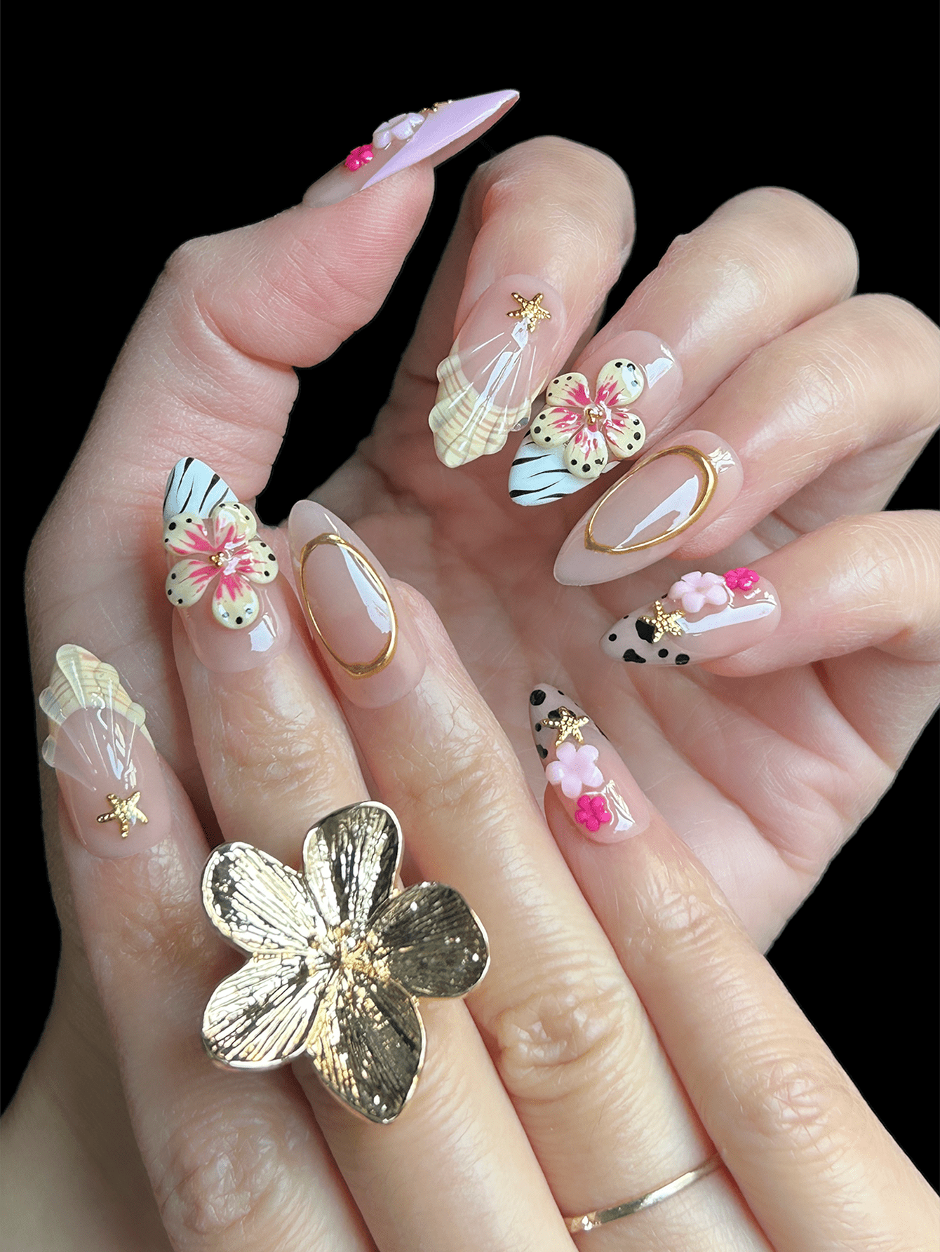 Pink Y2K Leopard & 3D Floral Almond Press-On Nails