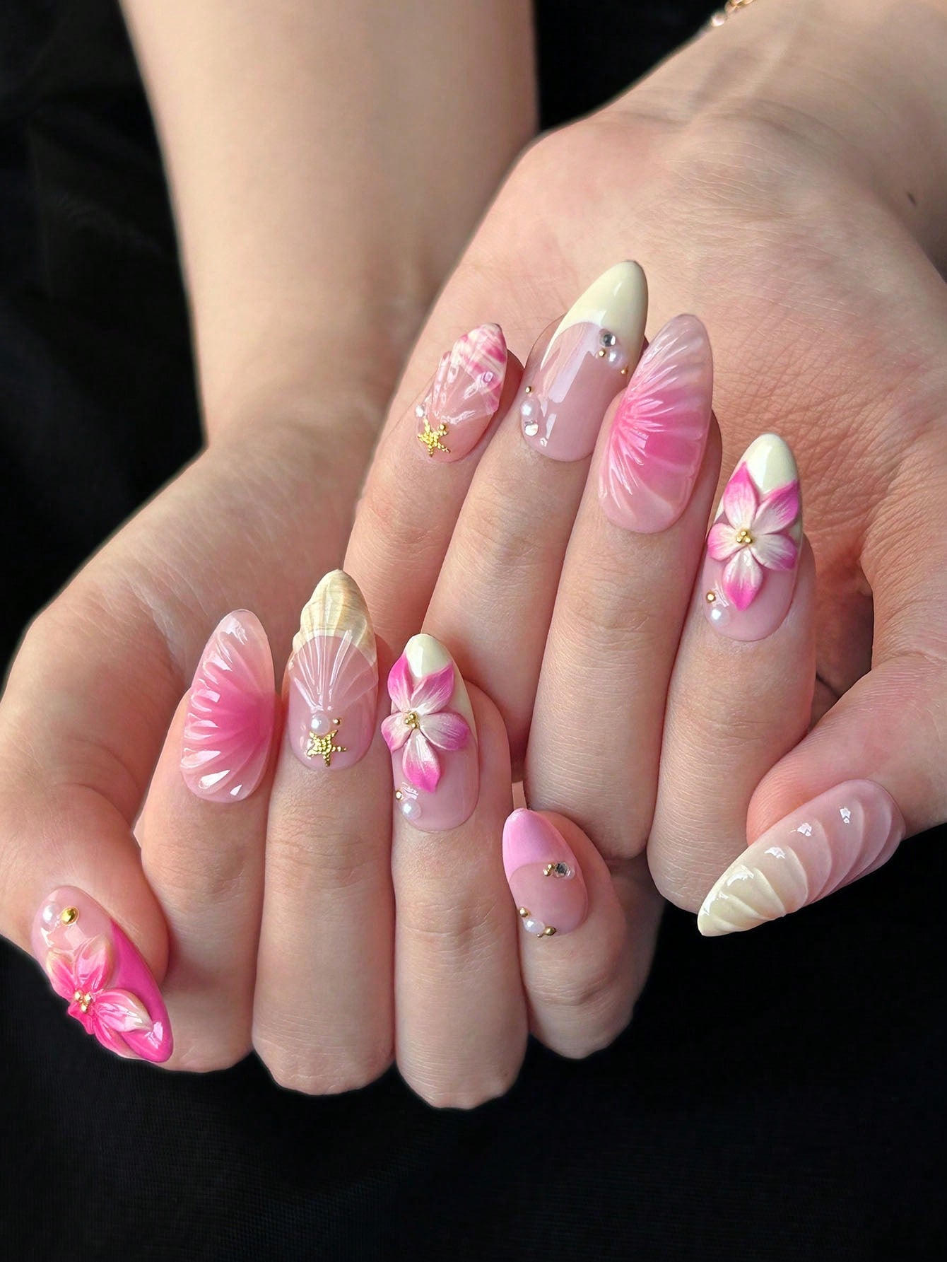 Handmade 3D Floral Almond Press-On Nails Pink & Yellow
