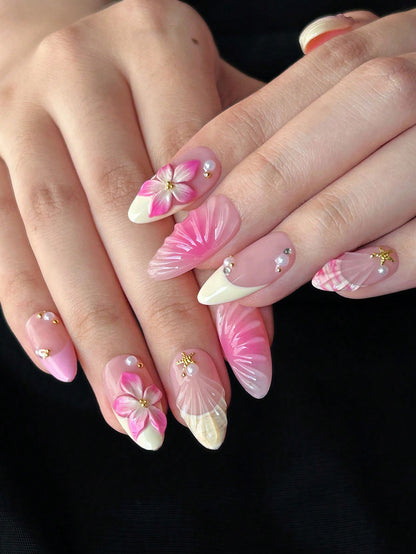 Handmade 3D Floral Almond Press-On Nails Pink & Yellow