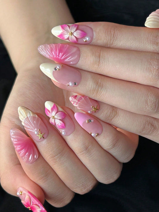 Handmade 3D Floral Almond Press-On Nails Pink & Yellow