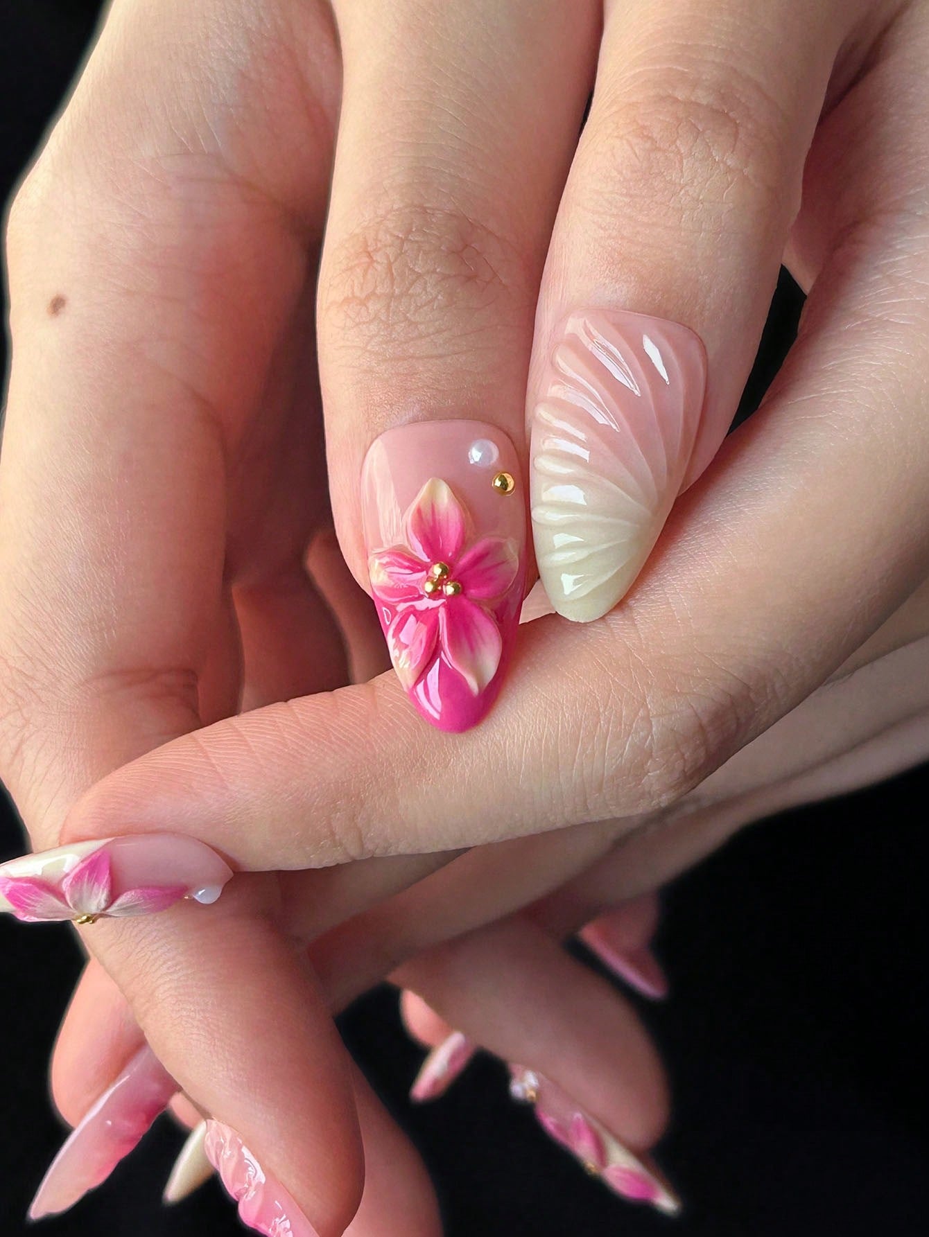 Handmade 3D Floral Almond Press-On Nails Pink & Yellow