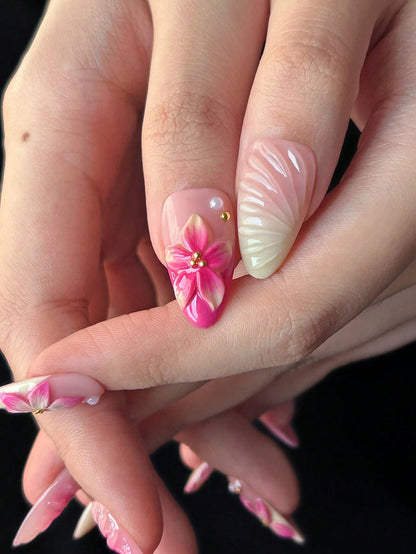 Handmade 3D Floral Almond Press-On Nails Pink & Yellow