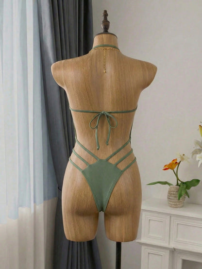 Olive Green Shiny Cutout Halter One-Piece Swimsuit