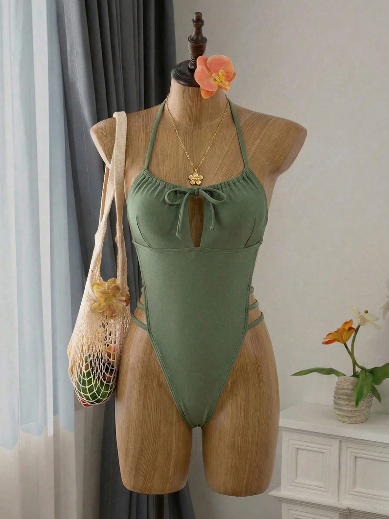 Olive Green Shiny Cutout Halter One-Piece Swimsuit