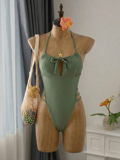 Olive Green Shiny Cutout Halter One-Piece Swimsuit