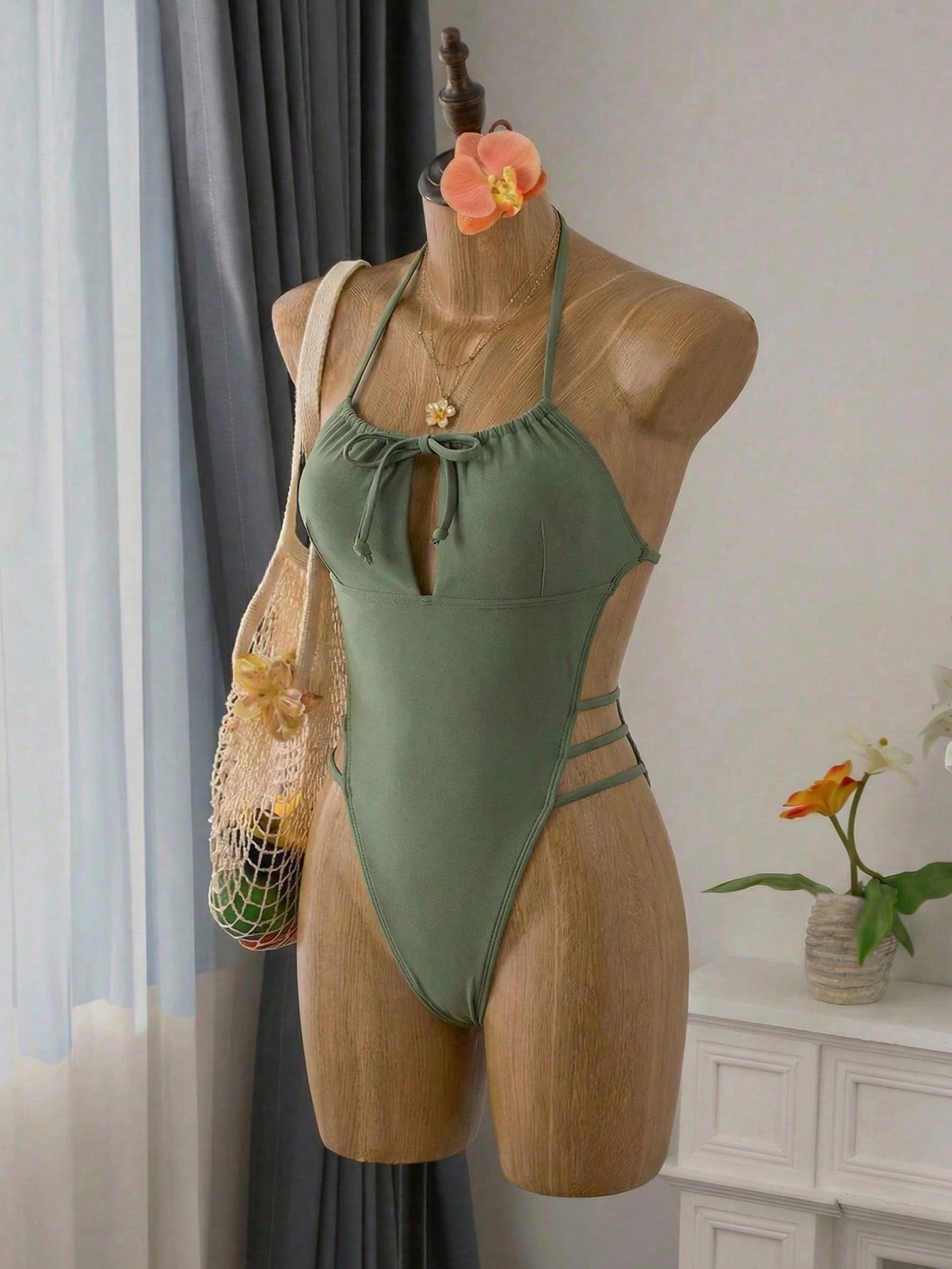 Olive Green Shiny Cutout Halter One-Piece Swimsuit