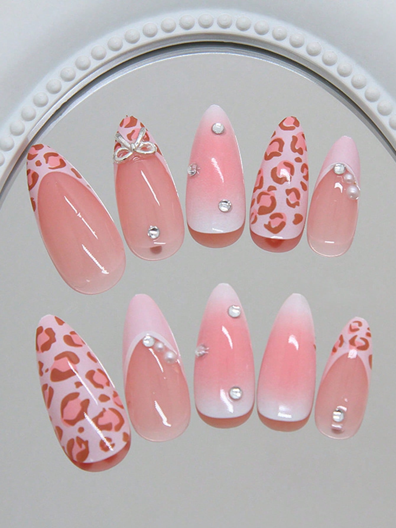 Pink Leopard French Press-On Nails with Bows
