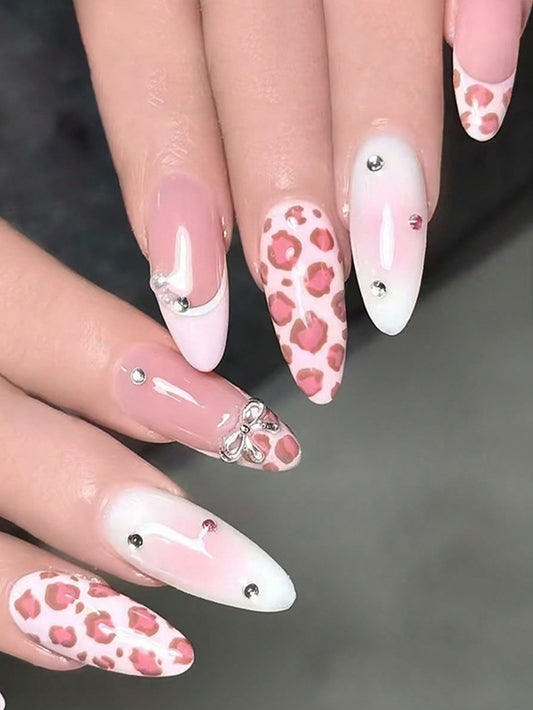 Pink Leopard French Press-On Nails with Bows
