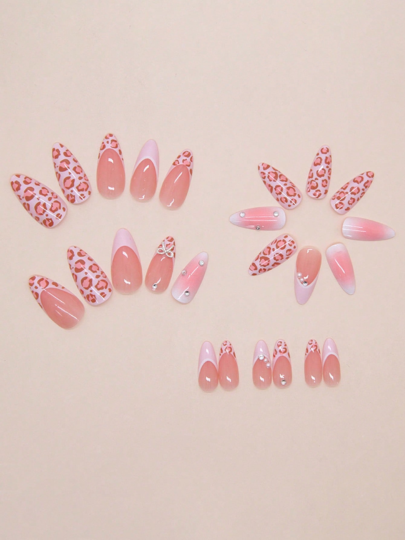 Pink Leopard French Press-On Nails with Bows