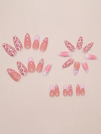 Pink Leopard French Press-On Nails with Bows