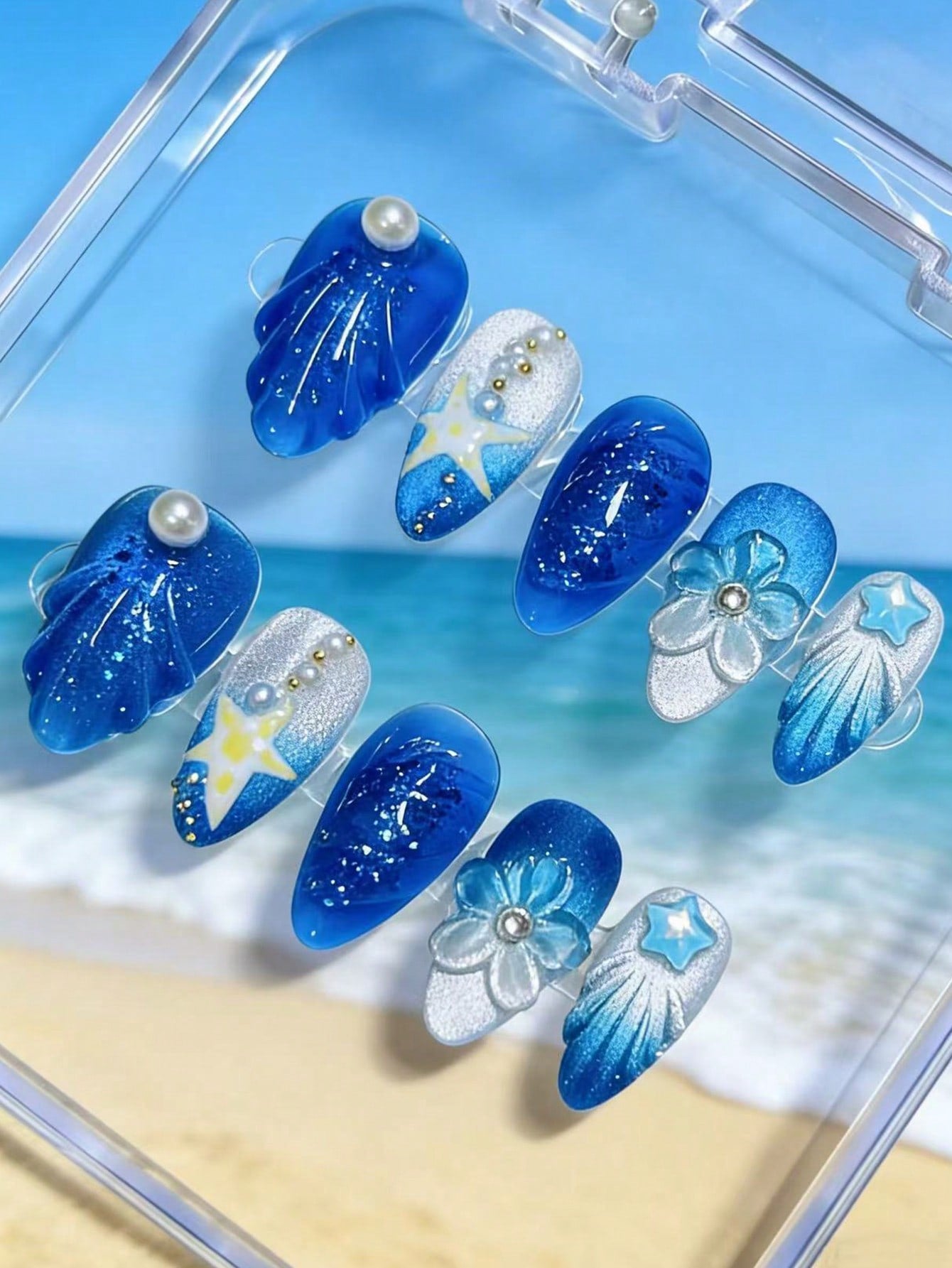 10pcs Ocean Whisper: Star & Pearl Bloom Nails