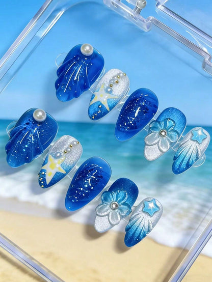10pcs Ocean Whisper: Star & Pearl Bloom Nails