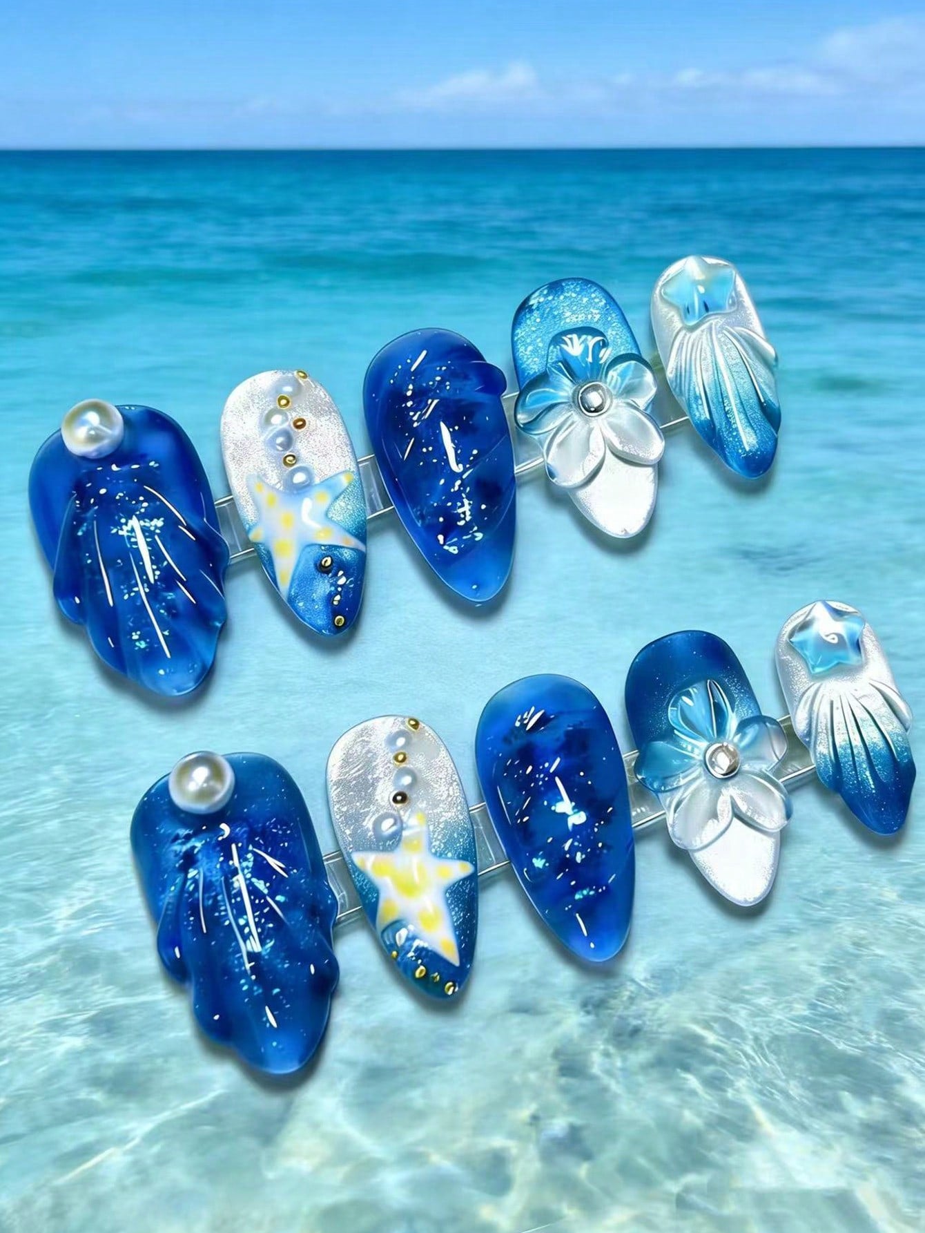 10pcs Ocean Whisper: Star & Pearl Bloom Nails