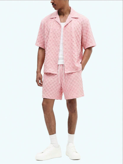 Men’s Pink Geometric Shirt and Drawstring Shorts Set